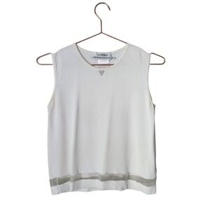 CHANEL 2000 Y2K CC Logo Sleeveless Knit Top Sheer Hem Ecru Vintage size 40
